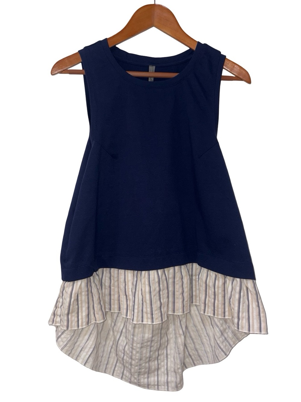 Anthropologie Twofer Tank Top Navy Striped Ruffle Open Back L hi/lo Preppy Boho